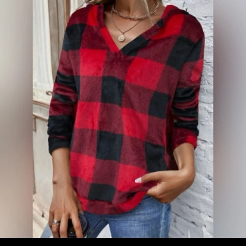 Buffalo Plaid Flannel Hoodie Top - Picture 2 of 6